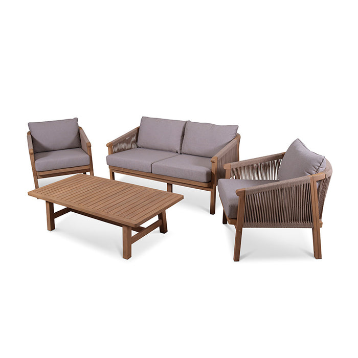 Image showcasing the complete Roma 4 Seater Double Lounge Set in acacia wood with grey cushions, including a two-seater sofa, two armchairs, and a matching coffee table.