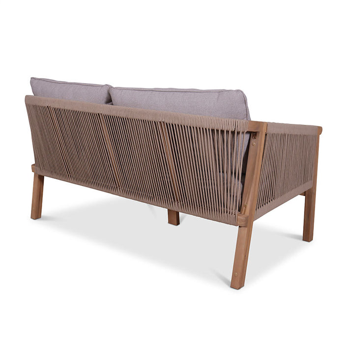 Back angled view of the Roma 2-seater sofa, featuring the intricate rope design and sturdy acacia wood construction.