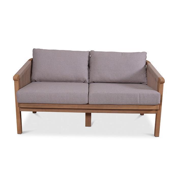 Front view of the Roma 2-seater sofa, highlighting the acacia wood frame and plush grey cushions.