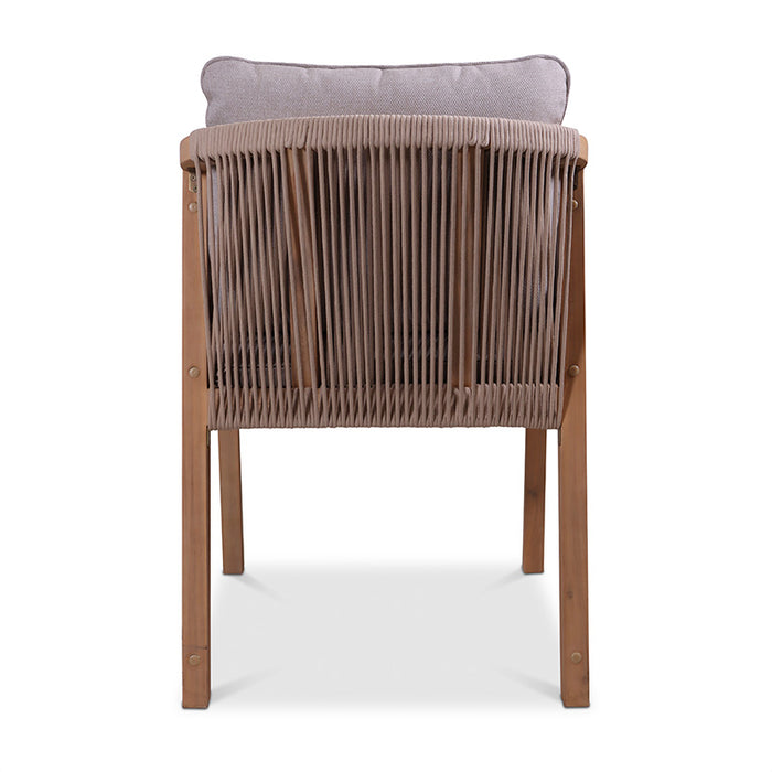 Back view of the Roma Dining Set's deluxe rope chair, showcasing the intricate rope pattern and durable wood construction.