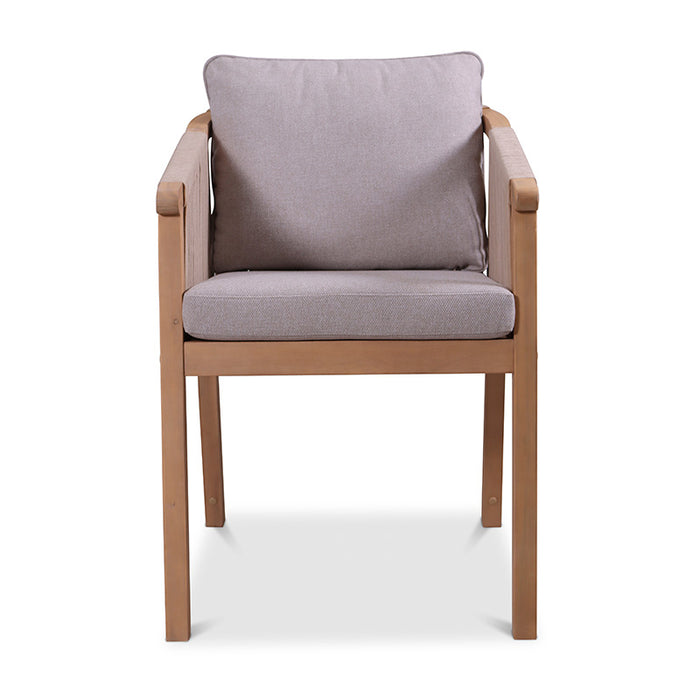 Front view of the deluxe rope chair from the Roma 6 Seater Dining Set, showcasing its comfortable cushion and modern wooden frame.