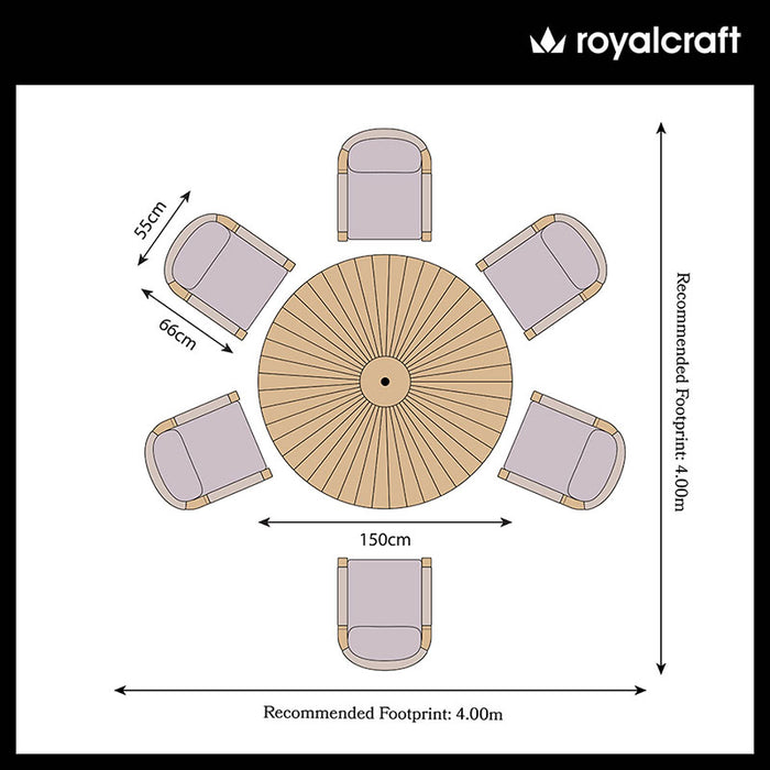 Floor plan of the Roma 6 Seater Dining Set with Deluxe Rope Chairs, illustrating the recommended footprint and chair arrangement around the round wooden table.