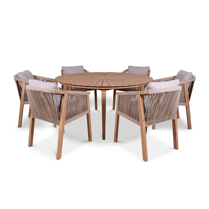 Roma 6 Seater Dining Set with Deluxe Rope Chairs, featuring a round wooden table and contemporary rope chairs, perfect for stylish outdoor dining.