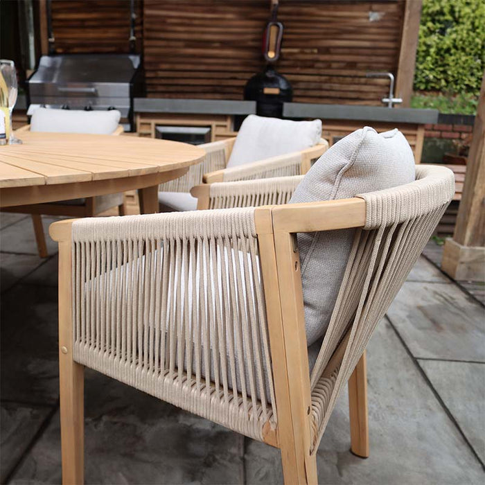 Close-up side view of the deluxe rope chair from the Roma 6 Seater Dining Set, highlighting the fine craftsmanship of the wooden frame and rope detailing.