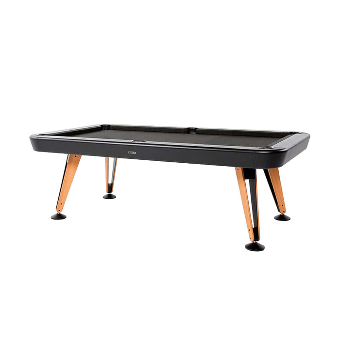 RS Barcelona Diagonal outdoor pool table standalone product shot, sleek black billiards table with wooden legs and modern outdoor design.