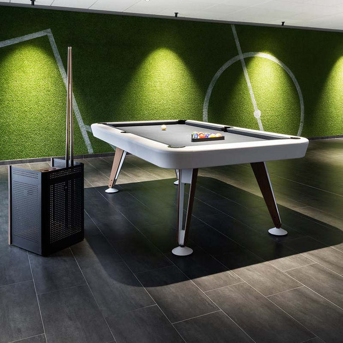 RS Barcelona Diagonal outdoor pool table in contemporary indoor sports room with green wall, stylish billiards table with modern lighting.