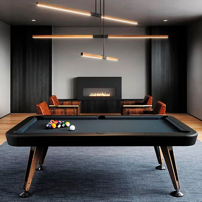 RS Barcelona Diagonal outdoor pool table with minimalist black frame in stylish living space, contemporary pool table with fireplace backdrop.