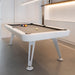 RS Barcelona Diagonal outdoor pool table in white finish, modern minimalist interior billiards table with clean lines and bright lighting.