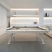 RS Barcelona Diagonal outdoor pool table in white with wooden legs in modern living room, contemporary billiard table with cues and balls.