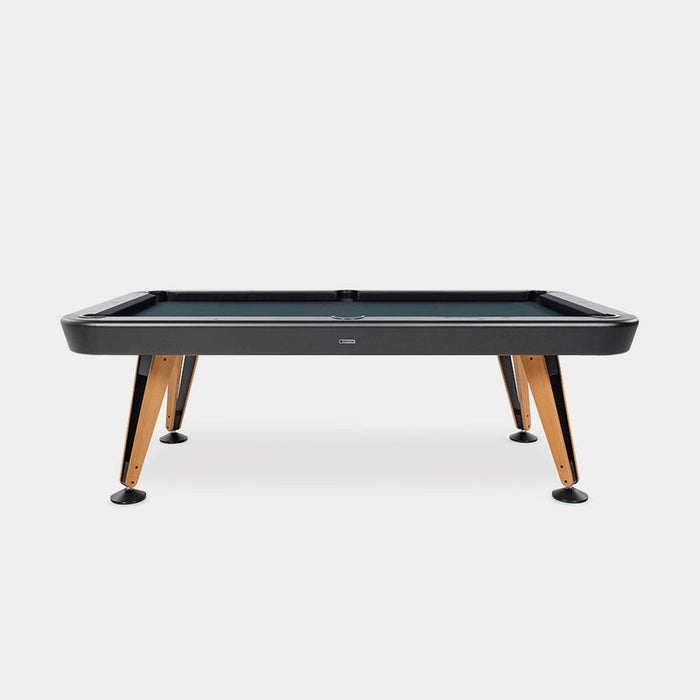 RS Barcelona Diagonal pool table with black frame, dark playing surface and angled wooden legs shown in clean front studio view.