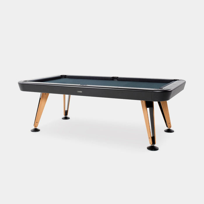 RS Barcelona Diagonal pool table with black frame and wooden legs displayed in angled perspective view highlighting its modern designer structure.