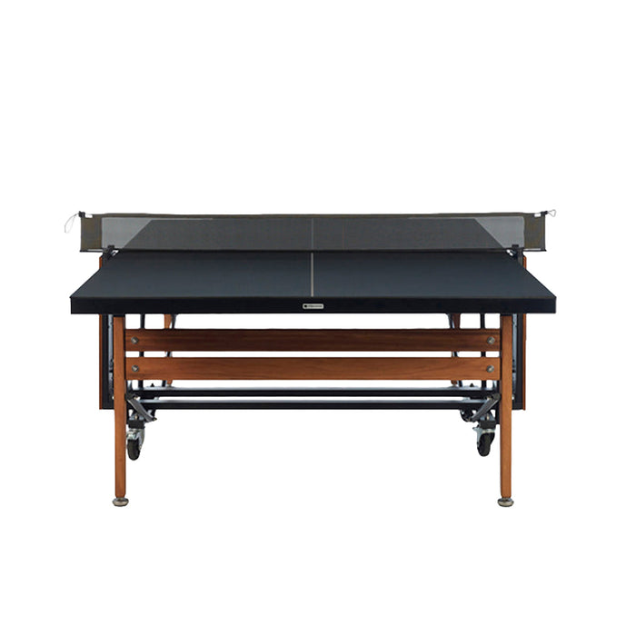 RS Barcelona folding ping pong table with black tabletop, wooden legs and central net system shown from front view for modern indoor table tennis setup.
