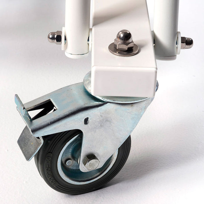 Heavy-duty caster wheel of RS Barcelona folding ping pong table showing durable metal bracket and smooth rolling mobility for easy transport.