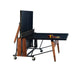 RS Barcelona folding table tennis table partially folded for solo play, featuring black surface, wooden frame, wheels and paddles for indoor use.