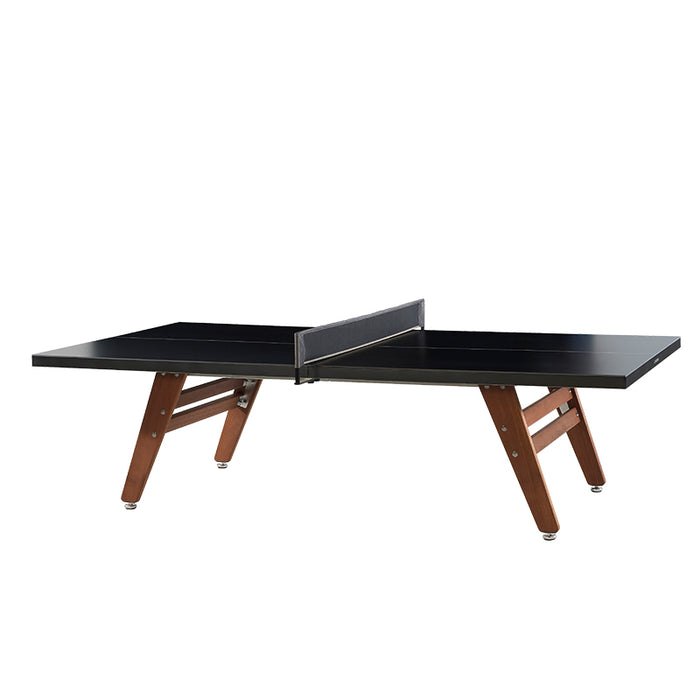 Minimalist RS Barcelona ping pong table in black finish with modern wooden legs, ideal for contemporary interiors.