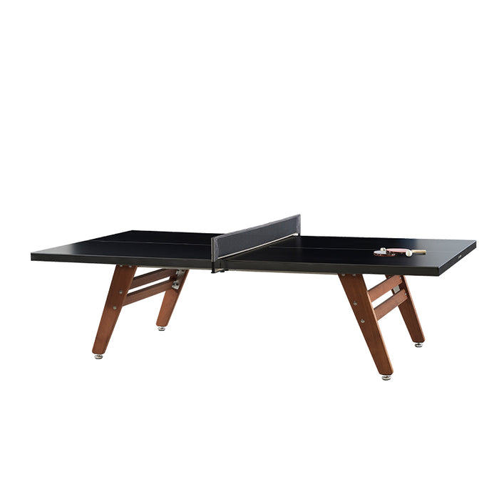 RS Barcelona stationary ping pong table with sleek black top and angled wooden legs displayed in a clean studio setting.