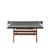 End view of RS Barcelona ping pong table highlighting wooden leg structure, support frame, and modern design details.