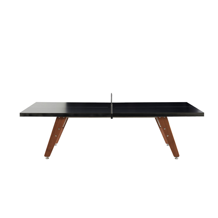 Front view of RS Barcelona ping pong table showcasing black tabletop, central net, and sturdy wooden frame.
