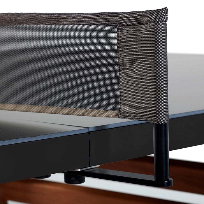 Close-up detail of RS Barcelona ping pong table net with mesh fabric and black frame showing premium build quality and design.