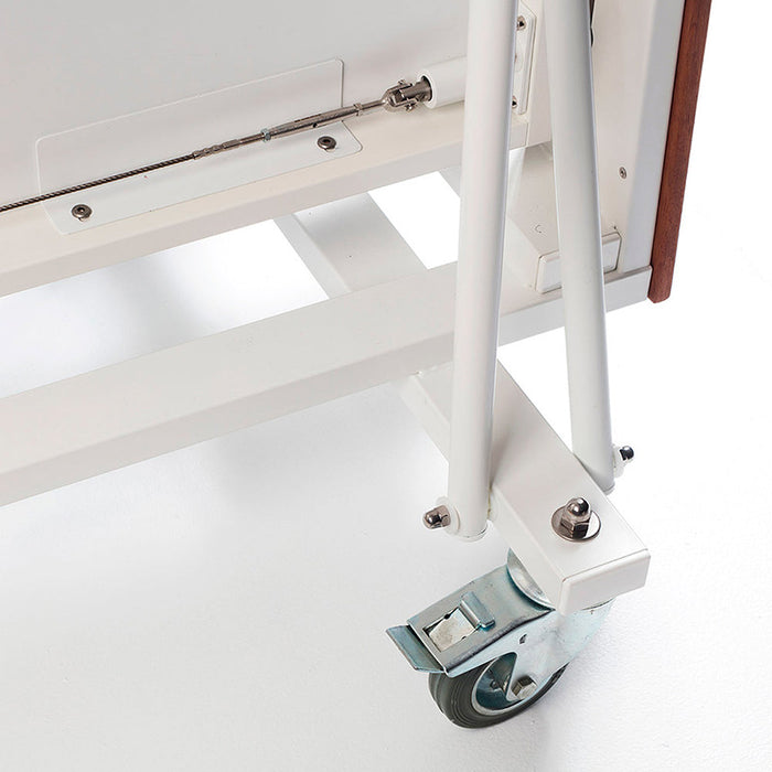 Underside detail of RS Barcelona ping pong table showing folding structure, metal frame and wheel system for stability and portability.