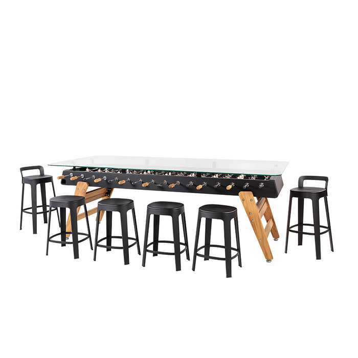 RS Barcelona RS MAX dining football table paired with black stools creating a modern multifunction dining and foosball table.