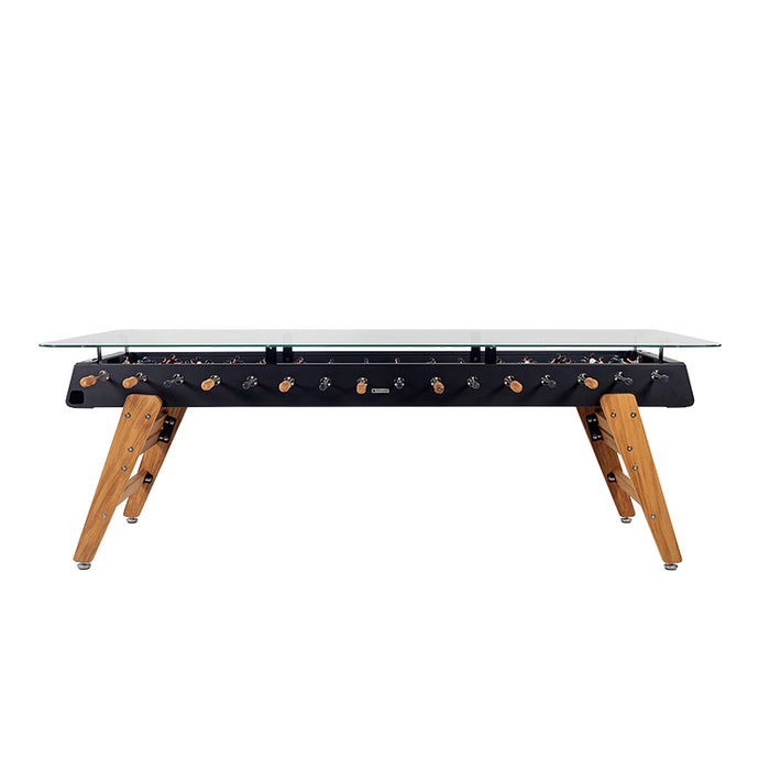 Front view of RS Barcelona RS MAX dining football table with glass top and wooden legs designed for dining and foosball play.