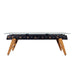 Front view of RS Barcelona RS MAX dining football table with glass top and wooden legs designed for dining and foosball play.