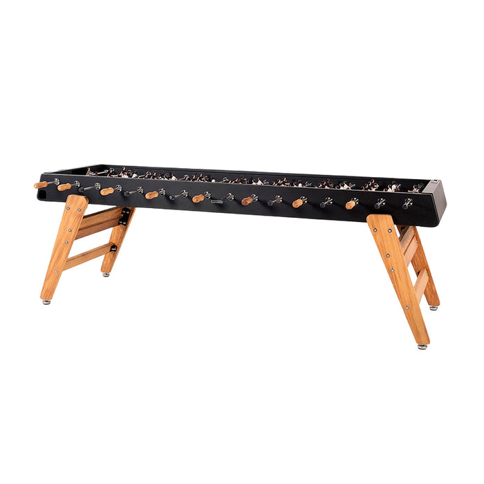 Studio product shot of the RS Barcelona RS MAX football table highlighting the long black body, wooden legs and multi-player design.