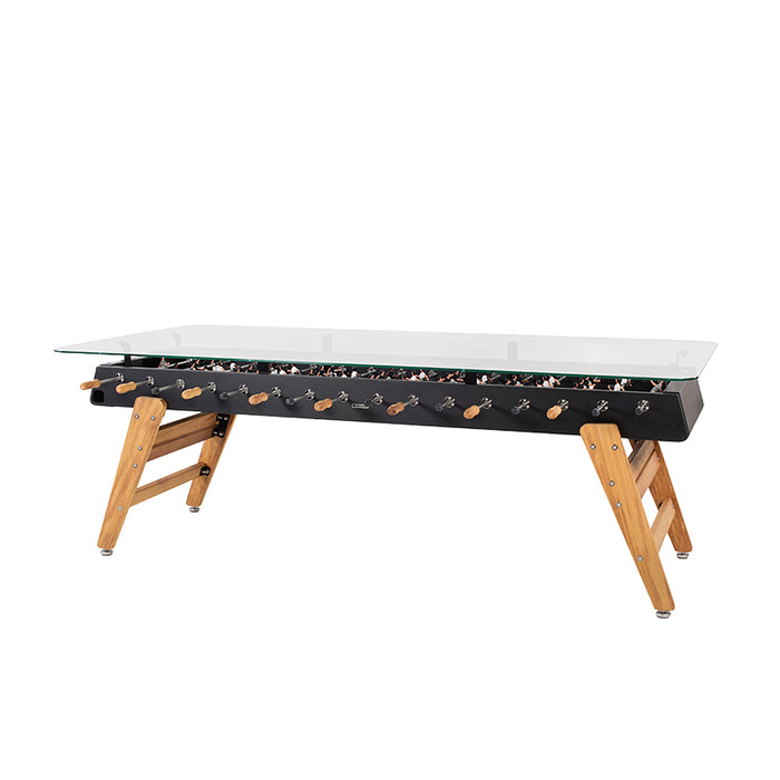 RS Barcelona RS MAX glass top dining football table showing the foosball structure beneath the dining surface.
