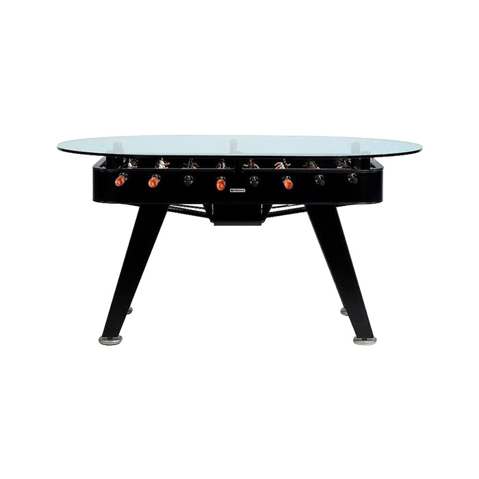 Front view of black RS Barcelona RS2 dining football table with glass dining surface, modern designer foosball dining table combining gameplay and dining.