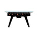 Front view of black RS Barcelona RS2 dining football table with glass dining surface, modern designer foosball dining table combining gameplay and dining.