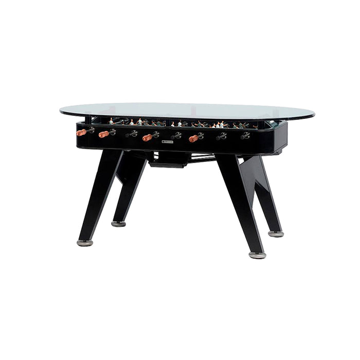 Angled view of RS Barcelona RS2 dining football table in black with glass top, contemporary multifunctional foosball dining table for modern homes.