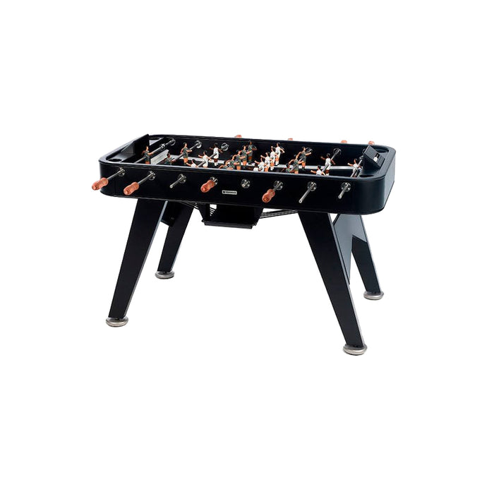 RS Barcelona RS2 football table in black finish with wooden handles and metal legs, modern designer foosball table.