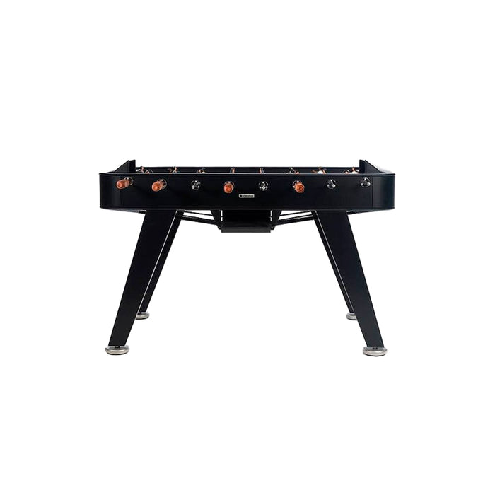 Front view of RS Barcelona RS2 football table in black showcasing sleek modern foosball table design.