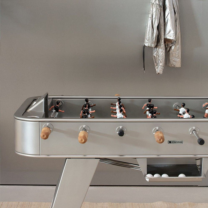 RS Barcelona RS2 football table in grey finish with wooden handles and metal legs, modern designer foosball table for contemporary homes.