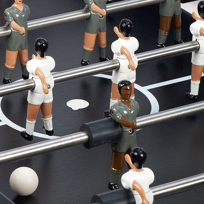 Close-up of RS Barcelona RS2 football table players and rods on a dark pitch with white foosball.