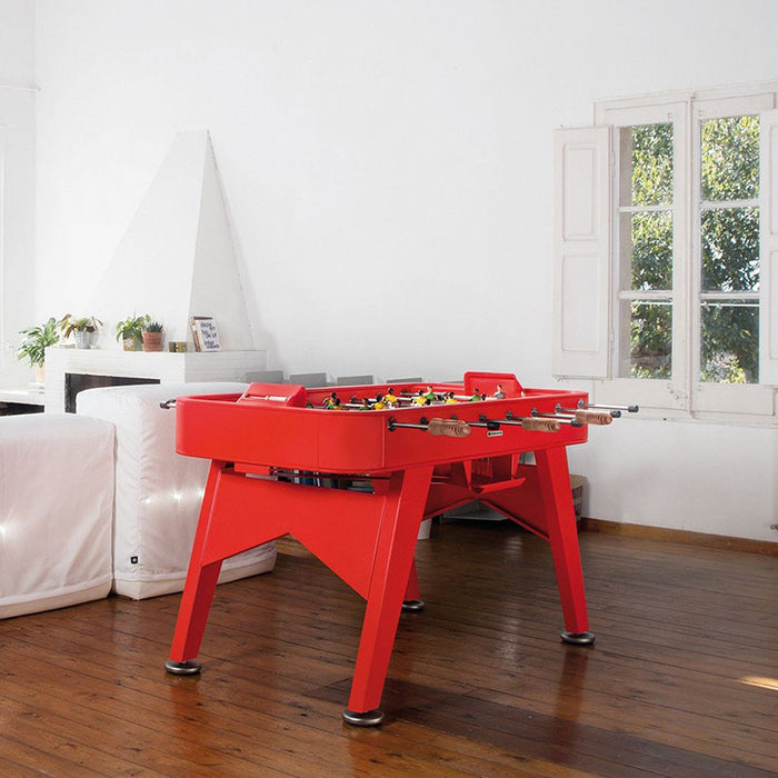 RS Barcelona RS2 football table in bold red colour showcasing modern designer foosball table craftsmanship.
