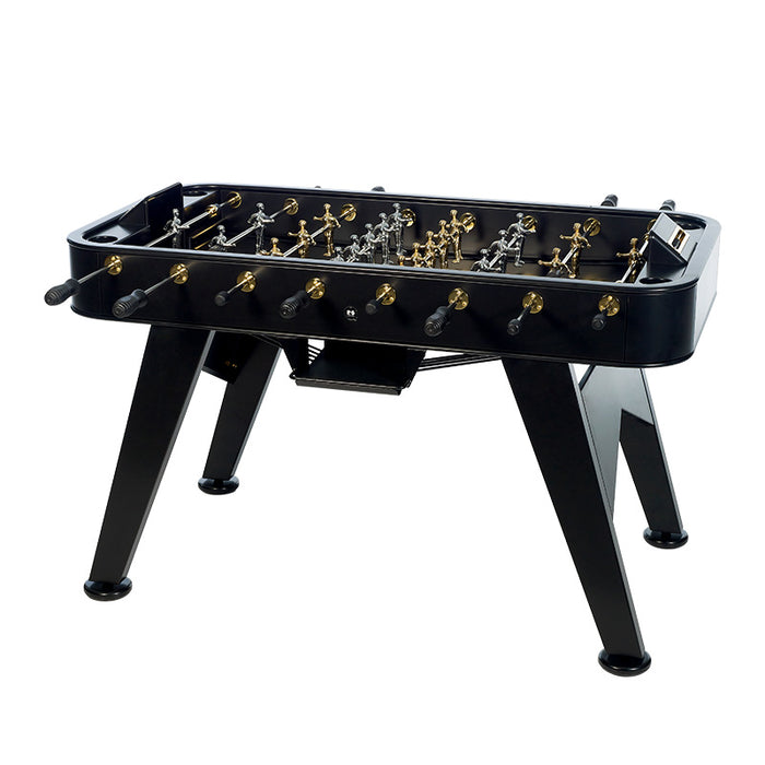 RS Barcelona RS2 Gold football table in black finish with gold accents, modern luxury foosball table for stylish game rooms.