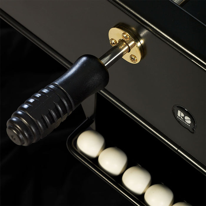 Detail of RS Barcelona RS2 Gold football table handle and ball return with white foosballs, highlighting premium foosball table components.