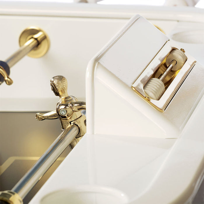 Close-up of RS Barcelona RS2 Gold football table scoring counter and gold detailing, highlighting premium foosball table craftsmanship.