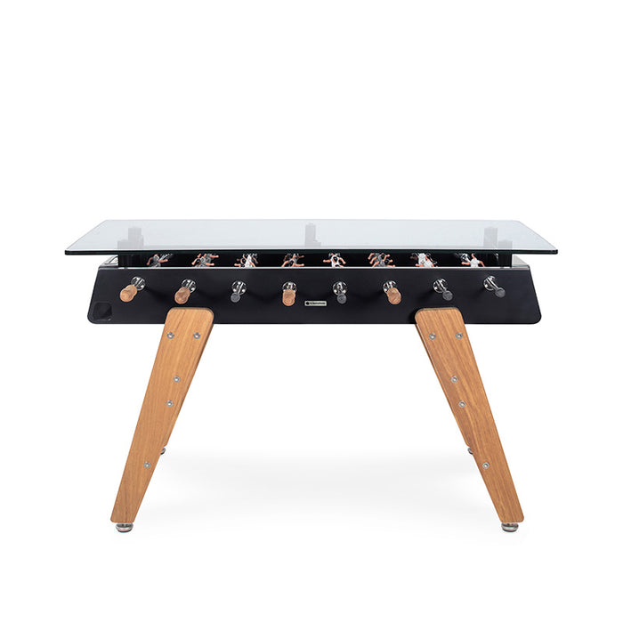 RS Barcelona RS3 dining football table with square glass top, contemporary foosball table with black frame and wooden angled legs.