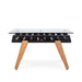 RS Barcelona RS3 dining football table with square glass top, contemporary foosball table with black frame and wooden angled legs.