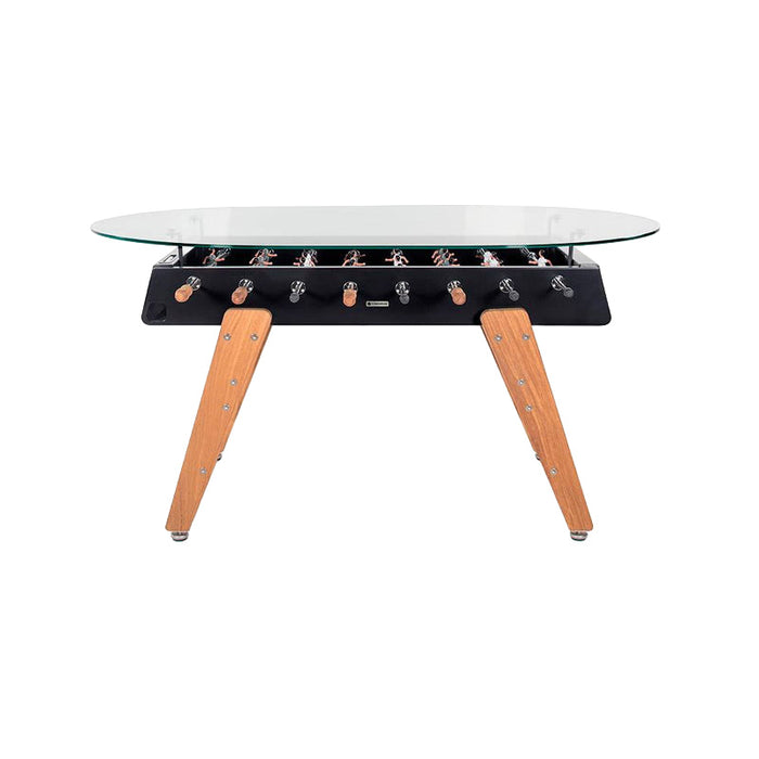 RS Barcelona RS3 dining football table with round glass tabletop, modern foosball table design with black steel frame and solid wood legs.