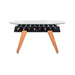 RS Barcelona RS3 dining football table with round glass tabletop, modern foosball table design with black steel frame and solid wood legs.