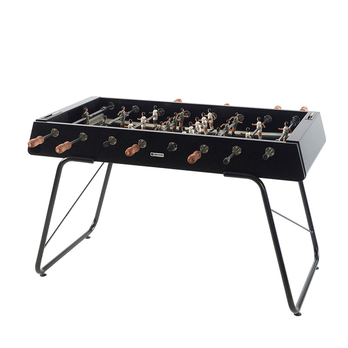 Angled view of RS Barcelona RS3 white football table featuring wooden handles, modern designer foosball table for home game rooms.