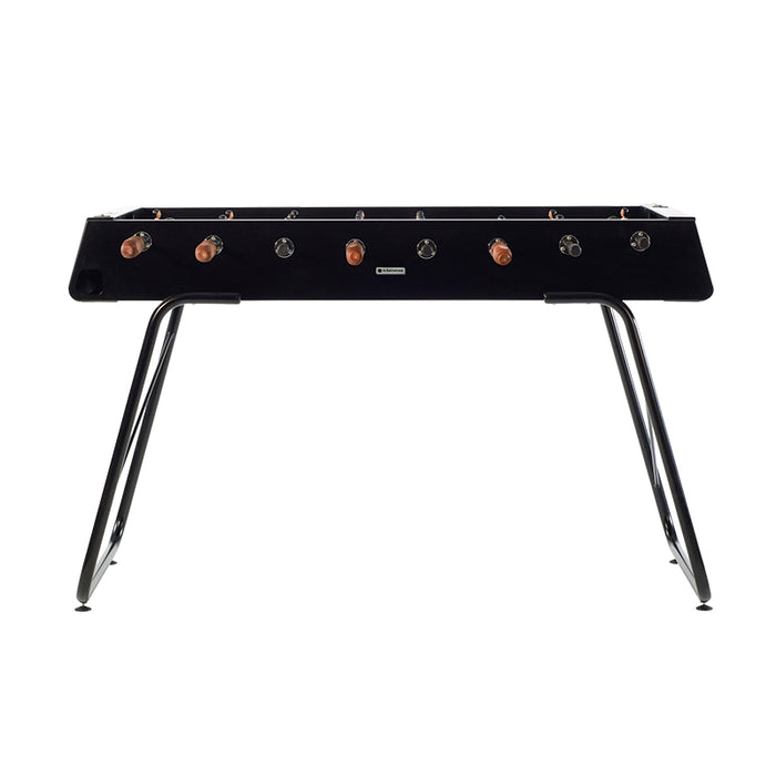 Front view of RS Barcelona RS3 white football table with wooden handles and steel legs, modern designer foosball game table.