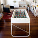 RS Barcelona RS3 white football table with wooden handles in a stylish living room, modern designer foosball table ready for play.