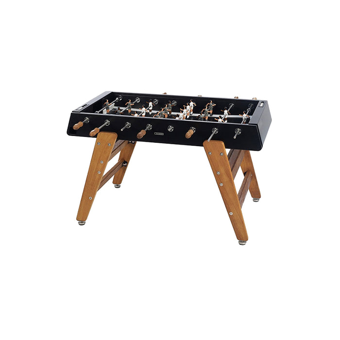 RS Barcelona RS3 Wood football table in black with solid wooden legs and steel rods, modern designer foosball table shown in a clean studio product setting.