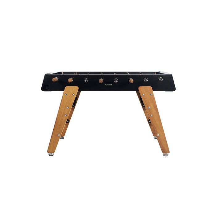 Studio product shot of RS Barcelona RS3 Wood football table in black with solid wooden legs and sleek modern foosball table design.