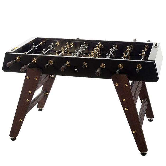 Full view of RS Barcelona RS3 Wood Gold football table showing black frame, angled wooden legs, chrome rods and gold and silver foosball players.
